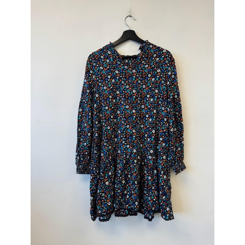 Superdry High Neck Mini Dress Womens 8 Black‎ Autumn Floral Long Sleeve Boho